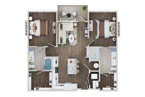 Floor plan for 2 beds, 2 baths, 1119 sqft